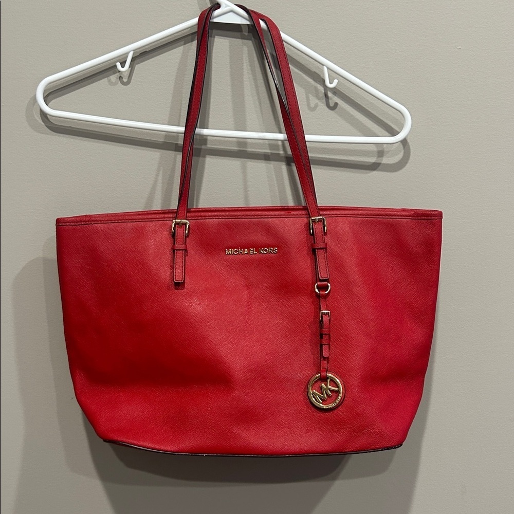 Michael Kors Large Red Saffiano Leather Tote Shoulder Hand Bag